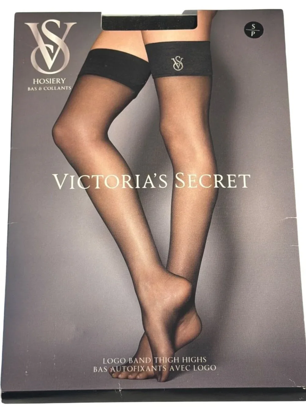 Victoria's Secret Black Crystal Logo Band Thigh Highs Hosiery SMALL NWT